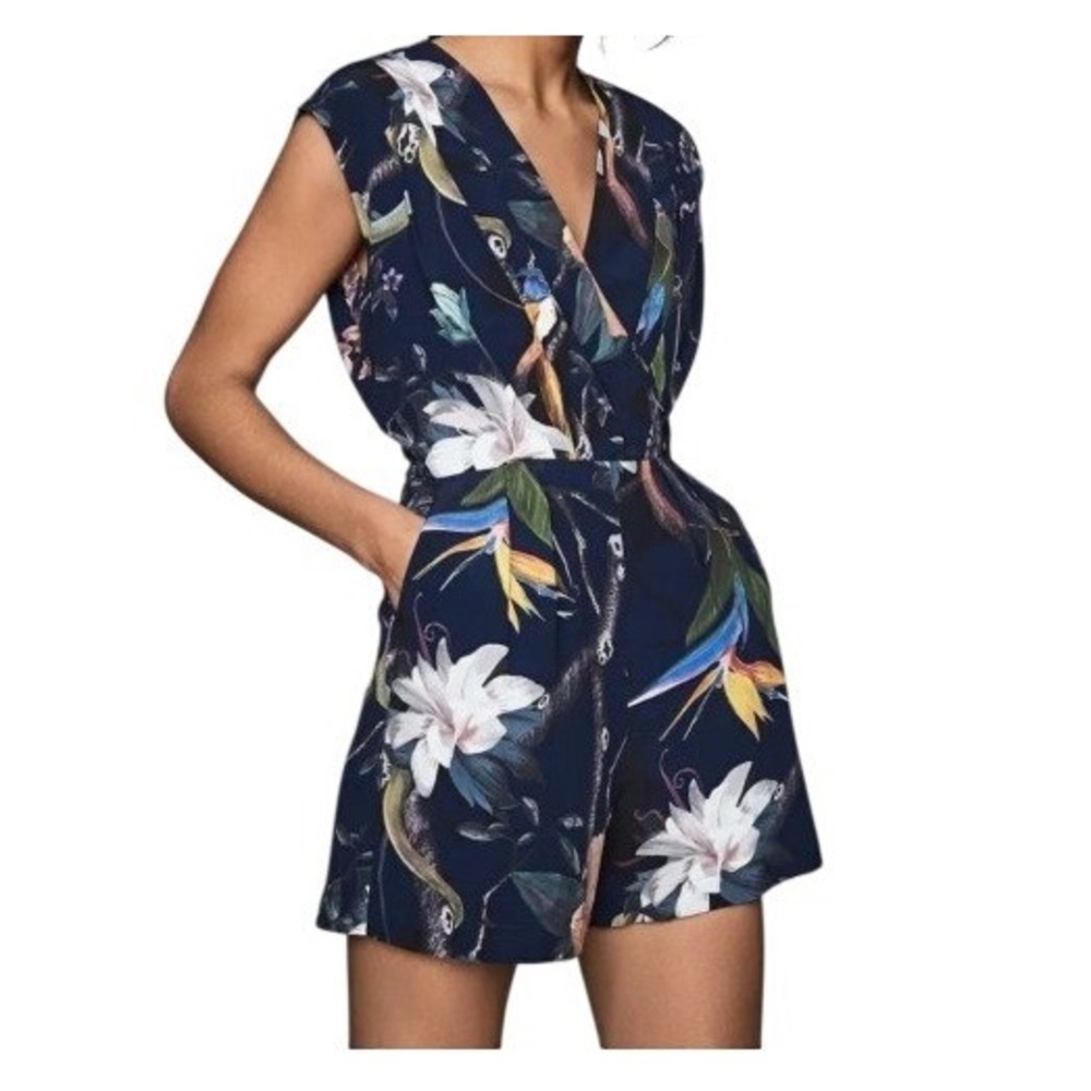 Reiss Womens 10 Latino Rainforest Printed Playsuit Shorts Romper in Navy Multi